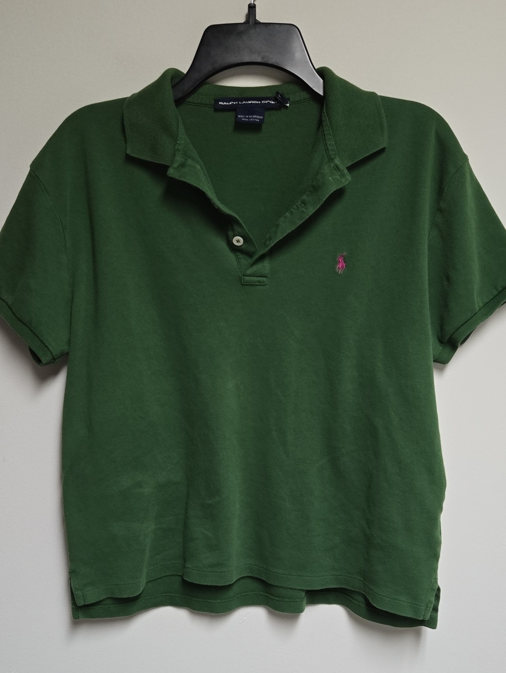 Women's Ralph Lauren Forest Green Polo with Pink Pony 100% Cotton Size L